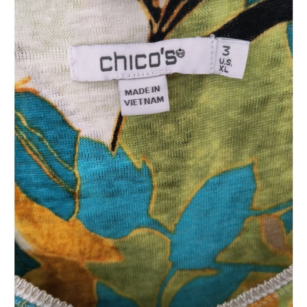Chico's Linen Knit Tee XL Tropical Print Short Sleeve Metallic V-Neck Tropical - Picture 2 of 13